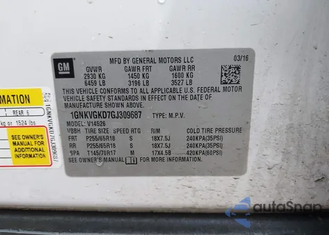 2016 Chevrolet Traverse 1Lt z USA, uszkodzony, nr VIN 1GNKVGKD7GJ309687